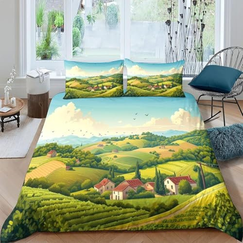 Bettwäsche 240X220 cm, Bettwäsche-Set Für Kinder, 3D Dorflandschaft, Mikrofaser Muster Bettbezug, Jungen Mädchen Bettwäsche, Bettwäsche Set Mit 2 Kissenbezug - Anti-Allergie -593L080D653