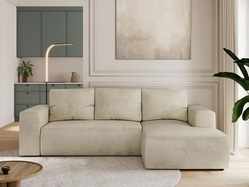 MKS MEBLE Sofa mit Schlaffunktion - Ecksofa mit Schlaffunktion und Bettkasten - Sofa 3 Sitzer - Schlafsofa - Couch - Schlafsofa mit Bettkasten - Trentino L - Beige Velvet - Rechts
