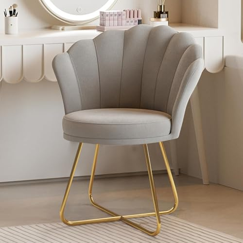 Hawthyhome Upholstered Vanity Chair, Petal Back, Gold Metal Frame, Grey | Dressing table chair; shell-shaped petal back; gold-tone metal sled frame; bedroom, makeup area or reading corner
