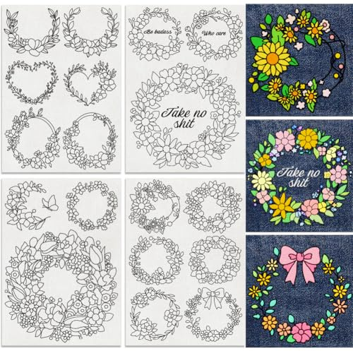 DOODLREAM 18 Stück Blumenkranz Stickvorlagen Wasserlöslich Stabilisatoren 21 x 29.7cm Blumenkranz Wasserlösliche Stick Und Stichstickaufkleber 4 Blatt Kranz Stickpapier Zum Handnähen DIY