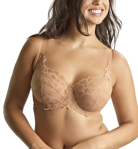 Panache Women’s Allure Full Cup Bra – Sheer Lace with Side Sling & Power Mesh Support, Honey, 34F