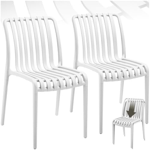 TecTake® Set of 2 Garden Chairs in Light, Airy Design, Outdoor Chairs in Weather-Resistant Plastic with Slatted, Curved Seat, Stackable Garden Chair Set for Backyard, Patio, Balcony - Cream
