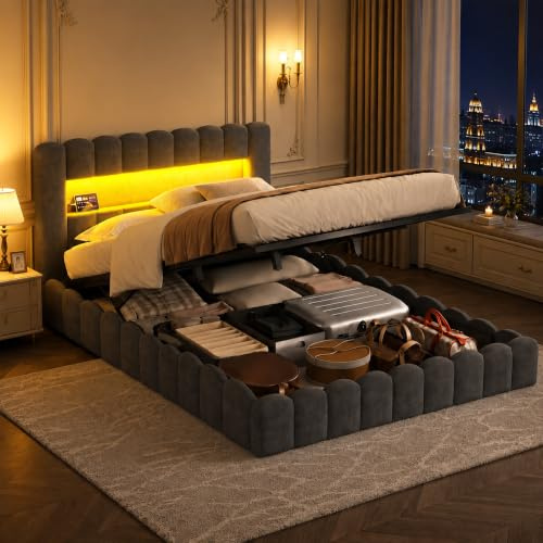 Polsterbett Doppelbett 160x200 mit Stauraum, Hydraulisches Stauraumbett 160x200 mit LED und USB, Jugendbett mit Gepolstertes Kopfteil, Bettgestell mit Lattenrost und Bettkasten (Grau, Leinen)