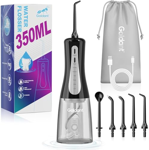 GOLDANT 2026 New 350ML Water Flosser for Teeth Cordless with Travel Bag, Portable Oral Irrigator Dental Pick, 5 Modes Electric Rechargeable IPX7 Waterproof Tooth Cleaner for Travel Home Braces(Black)