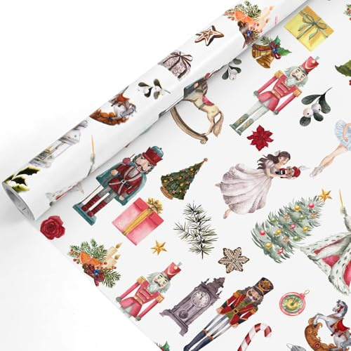 1 Roll Christmas Wrapping Paper Cartoon Nutcracker Soldier Ballet Dancer Xmas Tree Printed Gift Wrap Paper for Birthday Party Winter Holidays DIY Craft, 17 Inch × 32.8Ft