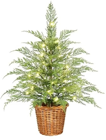 Albero di Natale pre-illuminato con steli di pino artificiale con luci a LED, rami di Norfolk con luci, finto vaso, per tavolo, veranda, decorazione per interni ed esterni (120 cm)