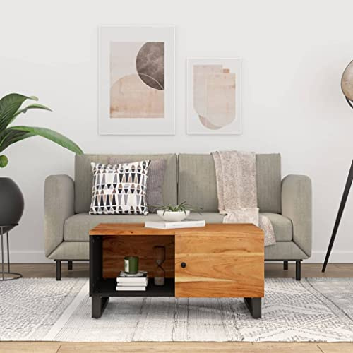 Mandloder Couchtisch 80x50x40 cm Massivholz Akazie & Holzwerkstoff, Wohnzimmertisch mit Stauraum, Rechteckiger Kaffeetisch für Wohnzimmer, Robuster Akazienholz-Beistelltisch