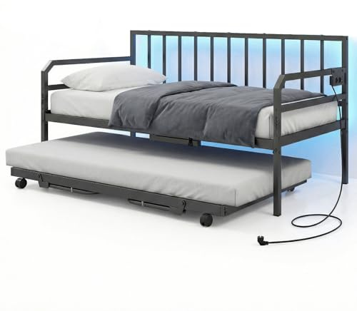 COSTWAY Letto Estraibile, Divano Letto Singolo con Luci LED e Stazione di Ricarica, Lettino Matrimoniale con Struttura in Metallo, 2 Pz 90x200 cm, per Soggiorno e Camera da Letto (Nero)