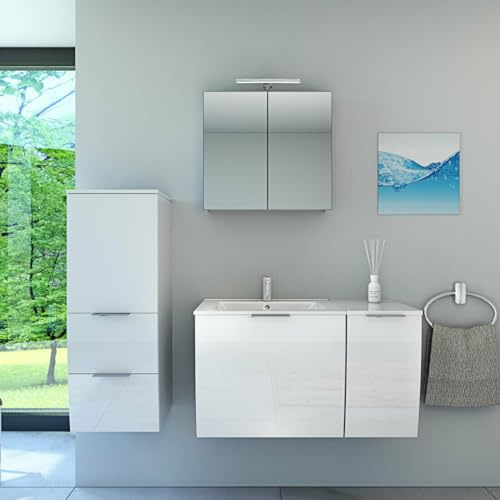 AcquaVapore by Sandra Jentho Badmöbel Set Gently 1 V2 L Weiß MDF Waschtisch 90cm mit 5W LED-Strahler/Energiebox