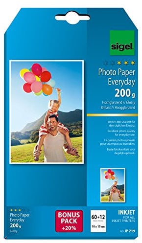 SIGEL IP719 InkJet Fotopapier 10x15 cm, 60 + 12 Blatt gratis, hochglänzend, weiß, 200 g, für hochwertige Fotografien