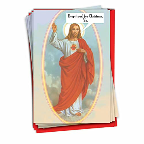 NobleWorks Lustige Jesus-Weihnachtskarten mit Umschlägen, Humor-Grußkarten, Weihnachtsbriefpapier (1 Design, 12 Karten) – Keep It Real Jesus B1479, 12 Stück