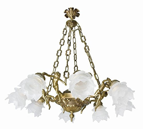 Licht-Erlebnisse Kronleuchter Antik Jugendstil 8-flmg Echt-Messing Bronze Glas Handarbeit Premium Deko Putten Hängelampe Wohnzimmer
