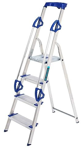 TB Davies 1203-004 Trade Premier XL Step Ladders, 4 Tread, Platform Height 0.8m, Aluminium, Twin Handrails, 10kg Tool Tray, 150kg Work Load, EN131