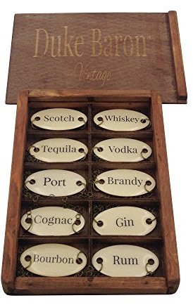 Duke Baron Ultimate Vintage Decanter Set of 10 Liquor Tags Bourbon, Brandy, Cognac, Gin, Port, Rum, Scotch, Tequila, Vodka and Whiskey in Wood Gift Box, Antique White/Brass