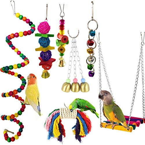 Vogelspielzeug, Camiter 7 Stück Papageienspielzeug Kauspielzeug Vögel Spielzeug Schaukel Spielzeug mit Holzleiter, Seilbarsch für Sittiche, kleine und mittelgroße Vogel Papageie
