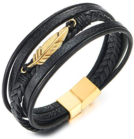 COOLSTEELANDBEYOND Edelstahl Gold Farbe Feder Multi-strang Schwarz Geflochtene Lederarmband Armreif für Herren Damen