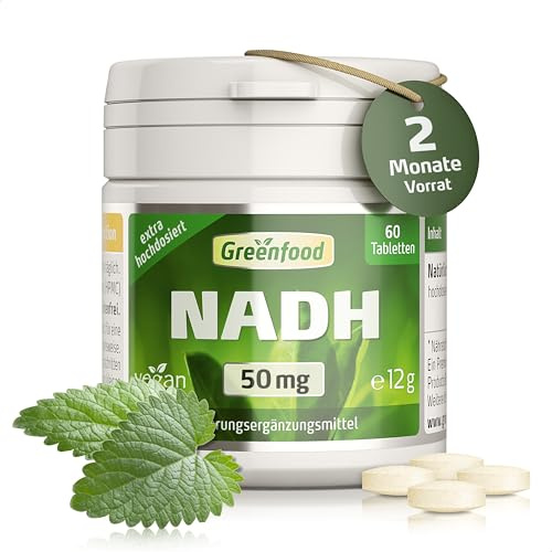 NADH, 50 mg, extra hochdosiert, sublingual, 60 Tabl - OHNE künstl. Zusätze | Hohe Bioverfügbarkeit, Laborgeprüft, Ohne Gentechnik, Glutenfrei, Laktosefrei, Halal, Vegan