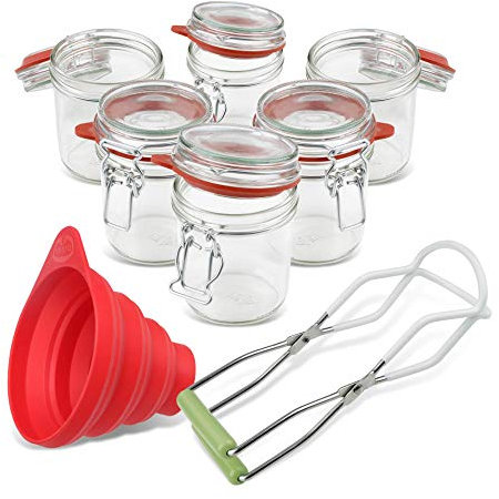 Dr. Oetker Einmachgläser mit Bügelverschluss 370 ml, Vorratsglas mit Trichter, Glasheber für luftdichte Marmeladengläser, vielseitiges Einweckglas (Farbe: Transparent/Rot), Menge: 1 x 8er Set