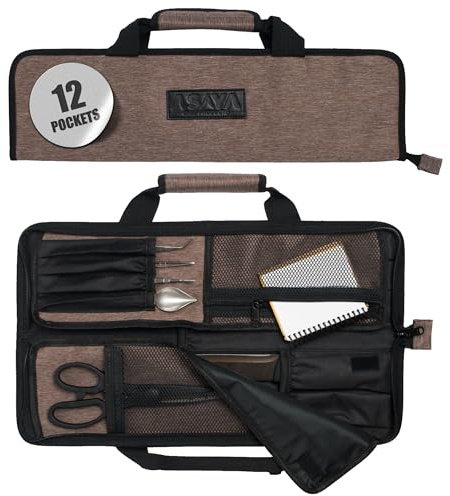 Asaya Chef Knife Roll Bag - 12-Pocket Chefs Case for Kitchen Knives and Utensils, Lightweight Stain-Resistant Waxed Nylon Chef Knife Bag - Knives Not Included (Brown)