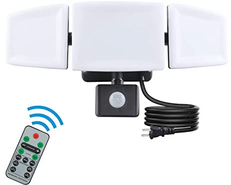 Ganiude 35W Plug in Flood Light Outdoor, Motion Sensor Plug in LED Security Light with Remote Control, Dusk to Dawn, 3 Heads, 3500LM, 5000K, IP65 Waterproof Exterior Lamp for Porch, Garage, Yard