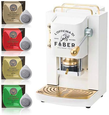 Macchina caffè a Cialde ese Filtro Carta 44mm Faber Pro Deluxe Bianca con Rifiniture in Ottone con 50 cialde Omaggio Emporio del caffè
