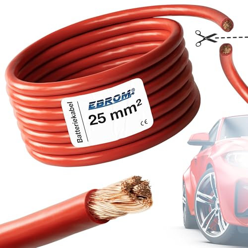 EBROM FLY - Cable de batería para coche, color rojo, sección transversal de 25 mm², por metros, flexible 90 ± 5 Shore - 99,99% cobre, revestimiento especial PVC FLY FLRy, cable de arranque, cable de