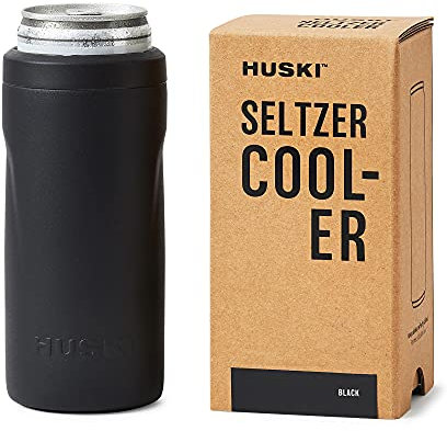 Huski Seltzer Cooler | NEW | Premium 12oz Skinny Drink Holder for Hard Seltzer, Beer, Soda Slim Cans | Triple Insulated 316 Stainless Steel | Seamless Design | Works as a Tumbler (Black)