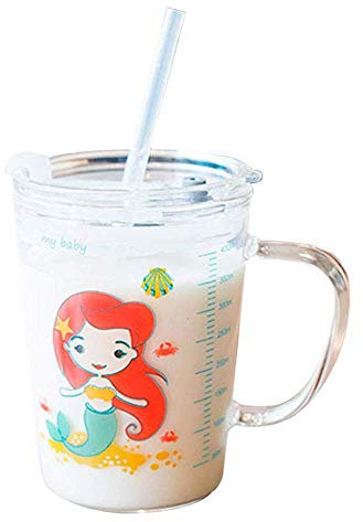 Tasse à lait pour enfants avec paille, verre transparent 400 ml Apprendre à boire une tasse de formateur, une jolie tasse pour boire au micro-ondes avec un couvercle anti-fuite pour tout-petit Enfants