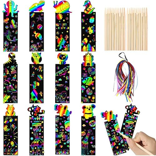 Kratzbilder für Kinder, 24/48 Stück Kratzbild Lesezeichen Set mit 24/48 Stück Holzstiften und Bändern DIY Geschenkanhänger für Kinder Studenten Party Bastelbedarf (Schwarz-24 Stück)