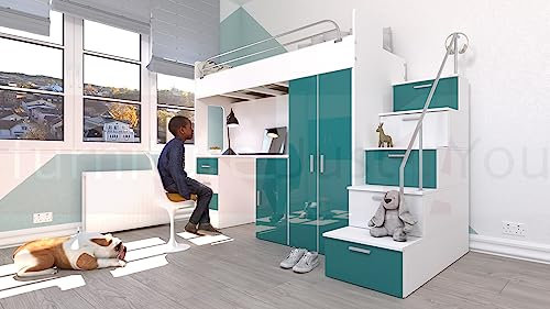 Furniture Just4U Limited Modern Cabin High Sleeper Bed Bunk Bed Loft Bed Storage Mid Sleeper High Bed Wardrobe Desk Stairs Set Foam Mattress Included EDEN 4S (Turquoise), Small Single