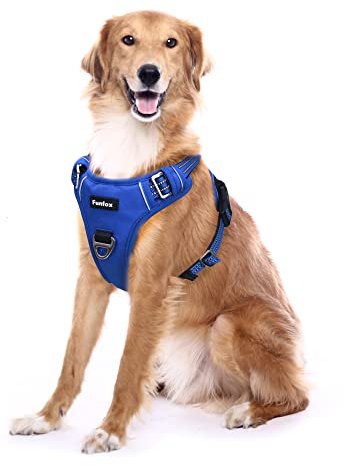 Funfox Hundegeschirr Grosse Hunde [XL] - Verstellbares Anti-Zug Brustgeschirr mit Griff & Reflektorstreifen, Atmungsaktives No Pull Hundegeschirr für Grosse/Mittelgroße Hunde Outdoor Blau