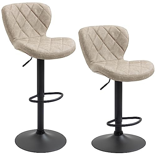 HOMCOM Bar Stools, Set of 2 Breakfast Bar Chairs, Swivel Barstools with Backrest and Footrest, Steel Frame Diamond Pattern PU, for Kitchen Counter, Dining Room, Light Khaki