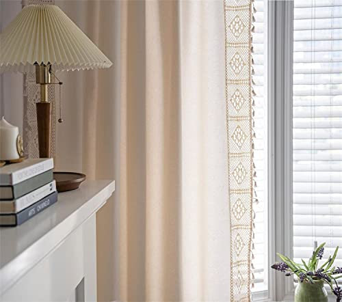 SAYT RLAE Boho Gardine Blickdicht Vorhang Beige Baumwolle Leinen Vintage Landhausstil Bauernhaus Vorhänge Stangentasche Fenstervorhänge für Wohnzimmer Zimmer Dekoration, 1 Stück, B150xH200cm