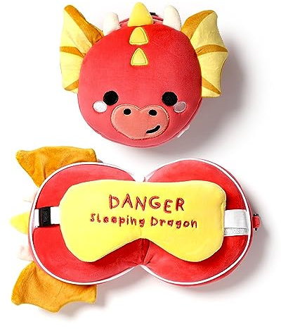 Puckator Relaxeazzz Adoramagics Rundes Plüsch-Reisekissen und Augenmaske mit Drachen-Motiv – Plüsch-Schlafmaske für Flugzeug – Flugkissen für Kinder und Erwachsene – niedliche Schlafmaske