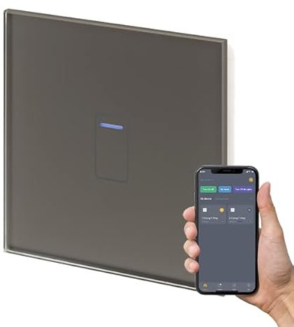 Retrotouch Crystal+ Touch WLAN-Schalter | 1-Gang Smart Lichtschalter | Multi-Steuerung | Fernbedienung | App kompatibel mit Alexa & Smart Life | Graues Glas-Finish | LED-Anzeige