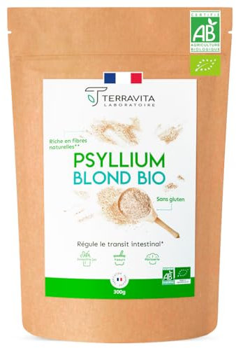 PSYLLIUM Blond BIO | Téguments Husk Purs à 99% | Fibres Douces Naturelles pour Digestion et Transit | Riche en Mucilages pour une Efficacité Optimale | Made in France| 300g | Terravita