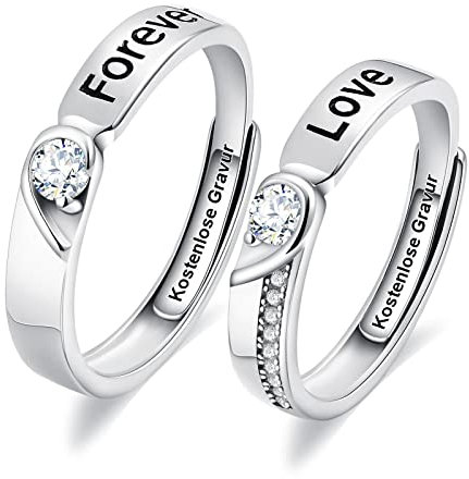 Whoiy Verlobungsring Paar Anpassen, Pärchen Ringe Herz 925 Silber Ring Verstellbar Gravur Forever Love mit Zirkon 3mm/4mm für Männer Damen