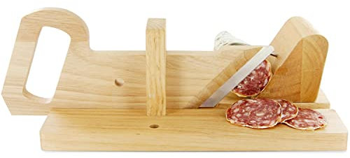Trancheuse Guillotine à Saucisson en Bois avec Lame en Inox et Goupille de Sécurité - Charcuterie, Viande et Fromage jusqu'à 6 cm