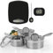 Salter Combo- 8678A Stainless Steel Saucepans with Measuring Set, Kitchen Scale, Probe Instant Thermometer, Easy Read Timer, Induction Hob Suitable Cooking Pans, Digital Weighing Scales, 16/18/20 cm