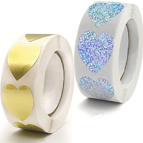 1000 Stück Aufkleber Herz Selbstklebend Herzform Etiketten Rolle 25mm klein Farbkodierung Herz Aufkleber für Hochzeit Scrapbooking Geschenke Gold Silber