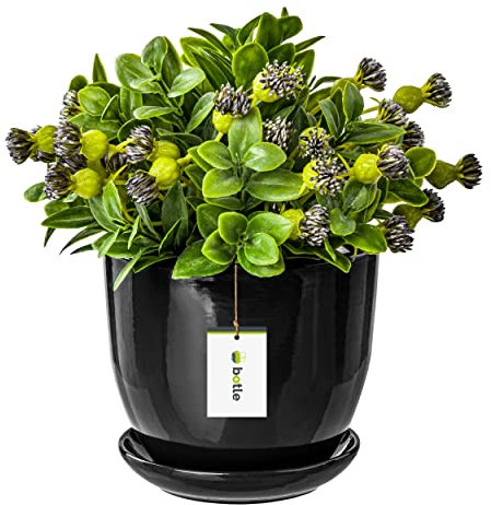 botle Keramiktopf Pflanztopf Blumenchale Übertopf Pflanzkübel handbemalt D 250 mm schwarz Keramik inkl. Untersetzer Wasserablaufloch