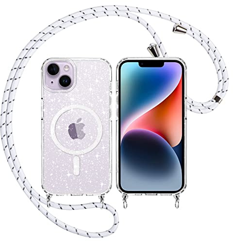 Yoedge Transparent Glitzer Magnetische Handykette Handyhülle Kompatibel mit MagSafe für iPhone 14 Plus Hülle mit Band 6,7, Sparkle Schutzhülle Built in Magnet Clear Cover für iPhone14 Plus Case, Weiß