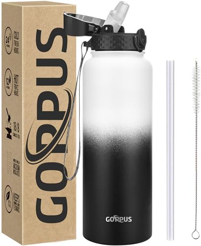 GOPPUS 1.2L/40oz Stainless Water Bottle with Straw Double Wall Insulated Bottles with Strap Large Vacuum Thermal Flask Leakproof Keep Cold Drinks Bottles with Flip Top Lid for Men Women BPA Free