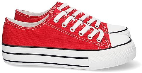 shoes&blues.es 74899-Zapatilla Plana para Mujer, de Doble Suela, Comoda, con Material de Lona, Estilo Bamba Casual, y Cierre de Cordones. Talla 38 Rojo