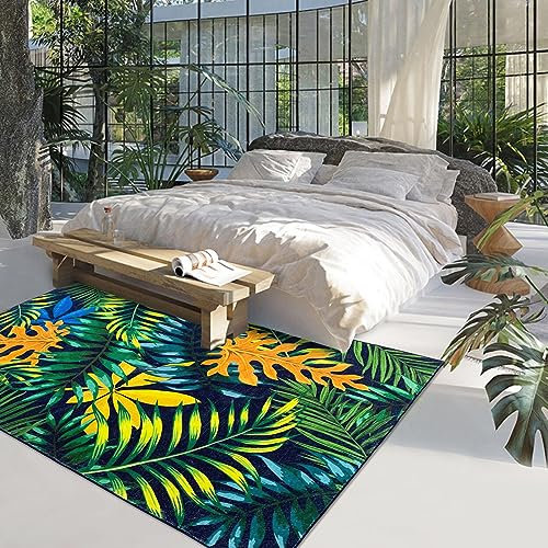 USTIDE Jungle Green Palm Leaves Rug Tropical Large Living Room Rug Low Pile Area Rug Non-slip Machine Washable Rug,120×180cm