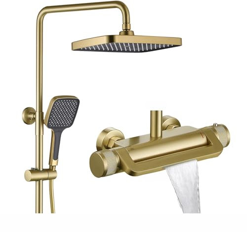 Colonne de Douche Thermostatique Dorée Ensemble Douche Mural Système de Douche 3 Fonctions Kit de Douche avec 33 * 22cm Douche de Tête, 3 Modes Pommeau de Douche, Mitigeur de Douche Cascade