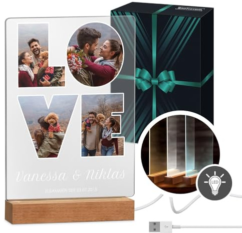 Maverton beleuchteter LED-Fotoaufsteller, Glasbild mit LED-Beleuchtung | Personalisiertes LED-Acrylglas mit eigenem Foto für Paare, Glasbild zur Hochzeit zum Valentinstag, Größe: 21x32x4,5cm