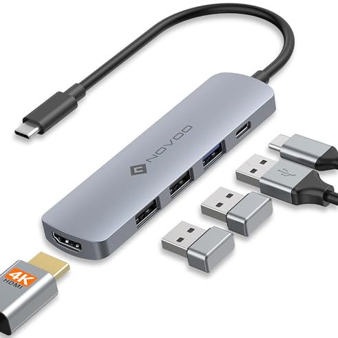 Hub USB C HDMI 4K, Adaptateur MacBook 5-en-1 NOVOO – Dock USB-C avec Port USB-C 100W PD, USB 3.0, 2 USB 2.0 | Compact, Léger, Plug & Play pour Télétravail, Étudiants et Créateurs Nomades