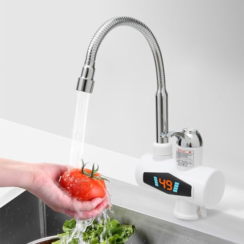 Elektrischer Wasserhahn mit Durchlauferhitzer Wasserhahn Küche 3000W 360 ° drehbarer Niederdruck Armatur Küche mit LED Temperaturanzeige für Campingküche, Wohnmobil, küche, Garage Halle