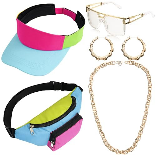Hip Hop Costume for Women, 80s 90s Outfit Neon Fanny Pack Hat Adjustable Waist Bag, Bracelet, Earrings for Retro 80s 90s Halloween Party